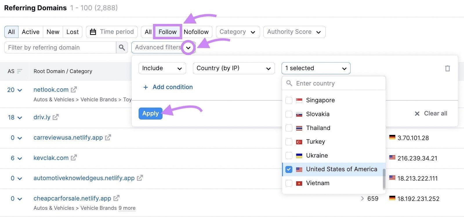 Backlinks' filters highlighted
