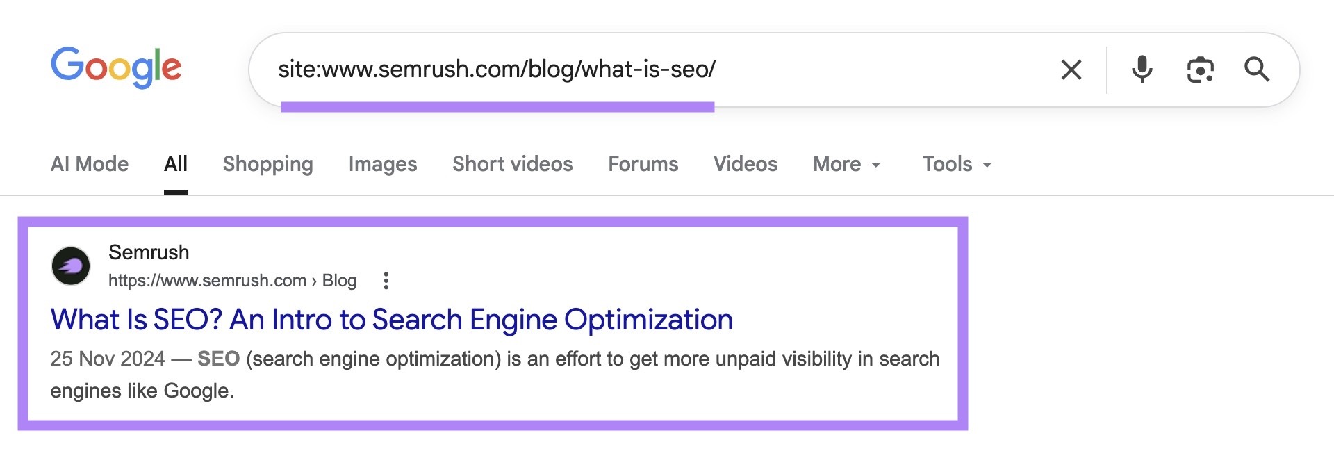 SERP for “site:status.econsuite.com/blog/what-is-seo/” with the top result highlighted.