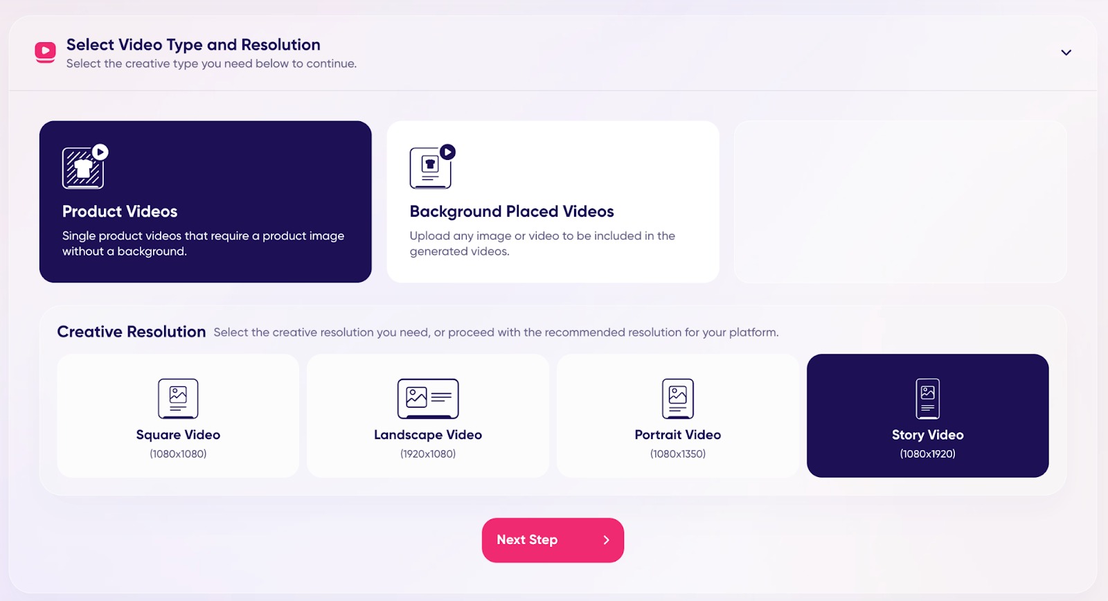 An example of the &lsquo;Select Video Type and Resolution&rsquo; step in the process of creating Product Video Ads.