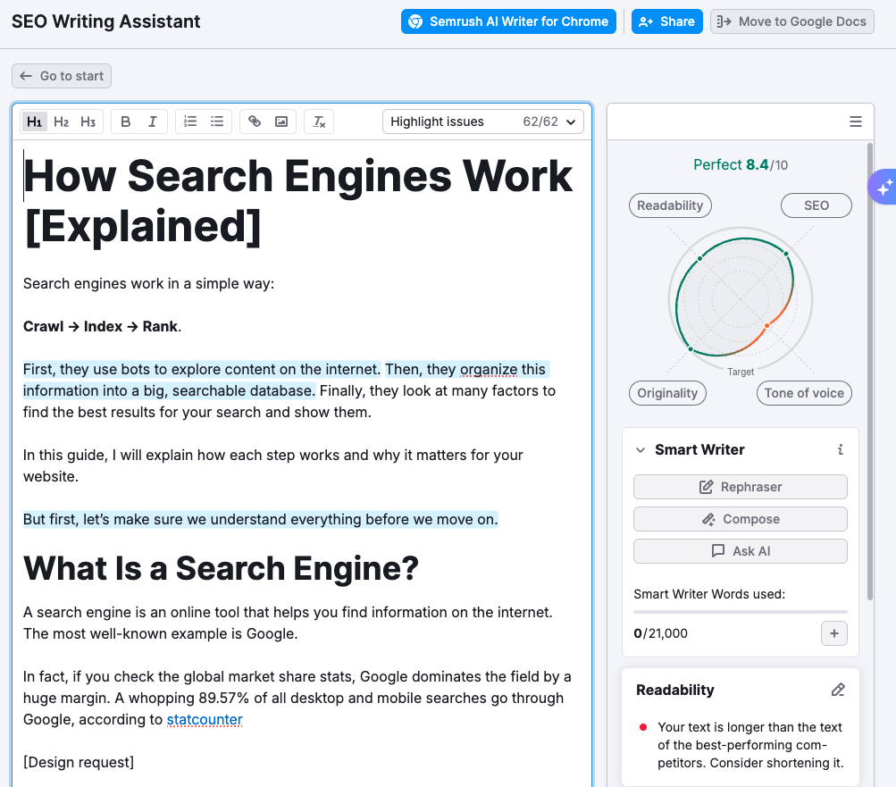 Semrush SEO Writing Assistant editor with blog content entered and Perfect score showing in sidebar.
